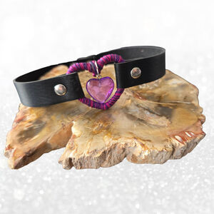 Black Leather Heart Choker - Purple & Magenta Hand-Wrapped Heart Collar - Goth